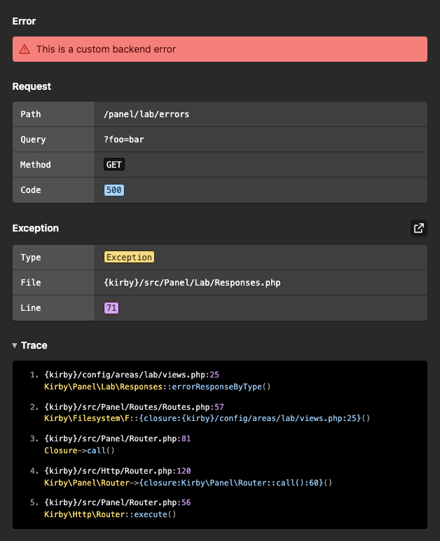 Request error dialog with detailed response information